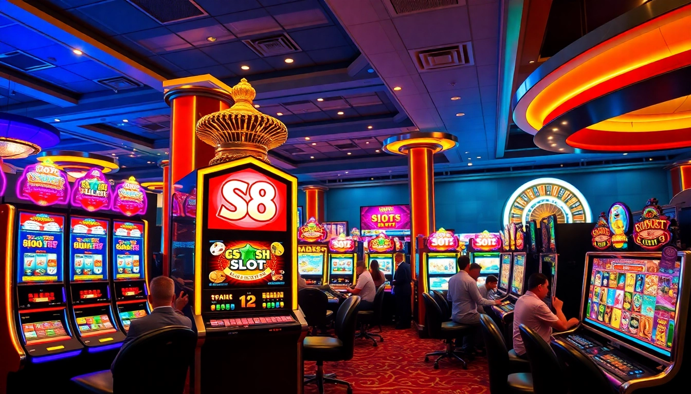 Playing the s8 slot game in an exciting casino environment with vibrant slot machines and ambiance.