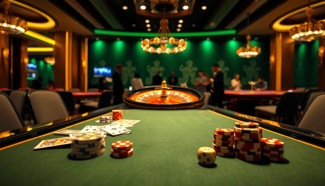 Experience the thrill of rikvip with players enjoying a vibrant casino game table filled with colorful chips and cards.