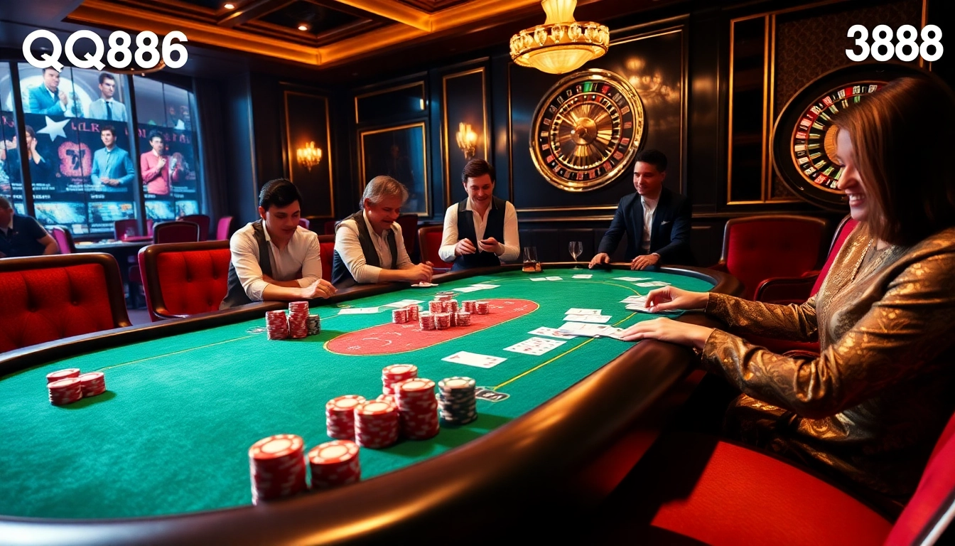 Players enjoying a thrilling QQ888 poker game with colorful chips and elegant decor.