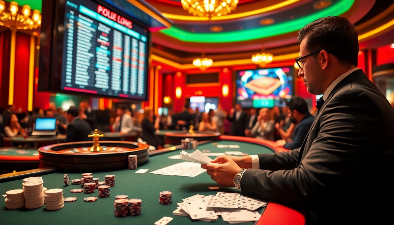 Gambler analyzing nhận định kèo nhà cái at a vibrant casino with poker chips and betting slips.