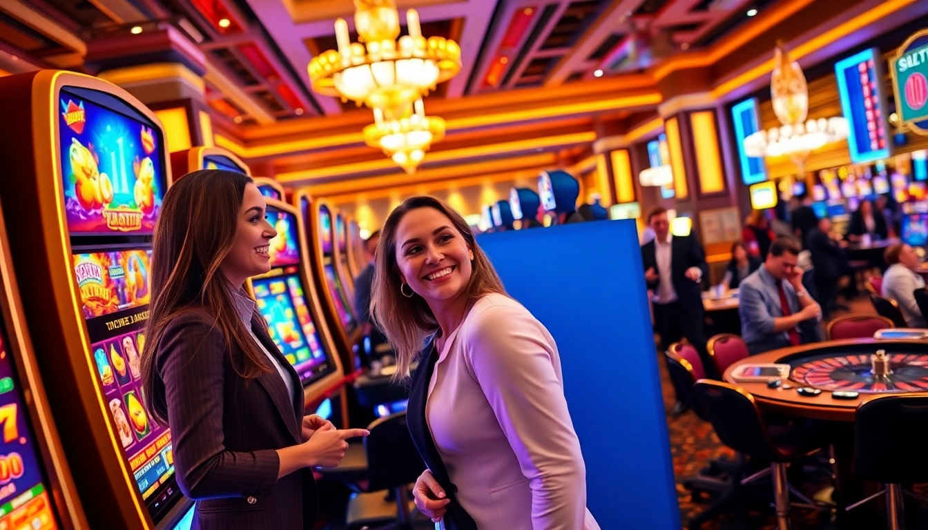 Engaged players enjoying the excitement of doaslot at vibrant casino slot machines.