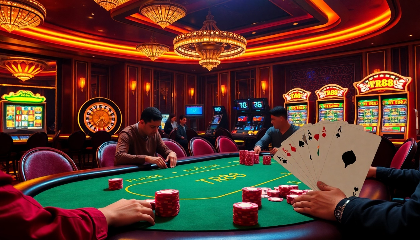 Get ready to play TR88 at a luxurious casino poker table surrounded by vibrant poker chips.
