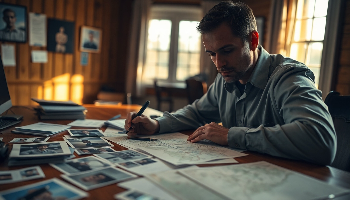 Investigating missing persons north carolina with photographs and notes on a table.