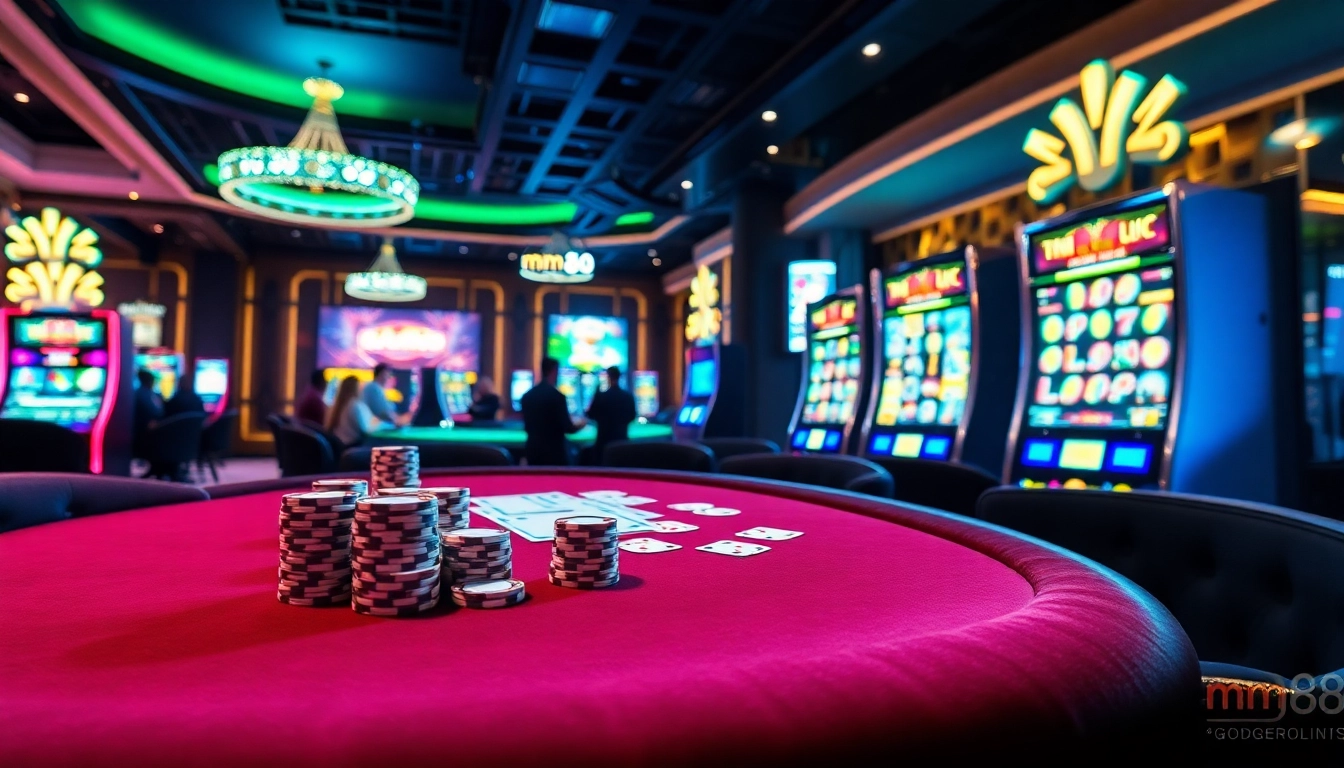 Dynamic mm88 casino scene with poker chips and vibrant slot machine action.