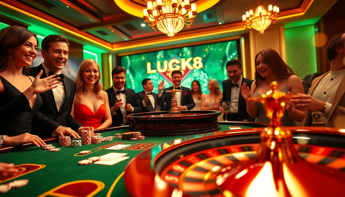 Bàn chơi LUCK8 với chip poker và thẻ bài, thể hiện sự phấn khích tại một casino sang trọng.
