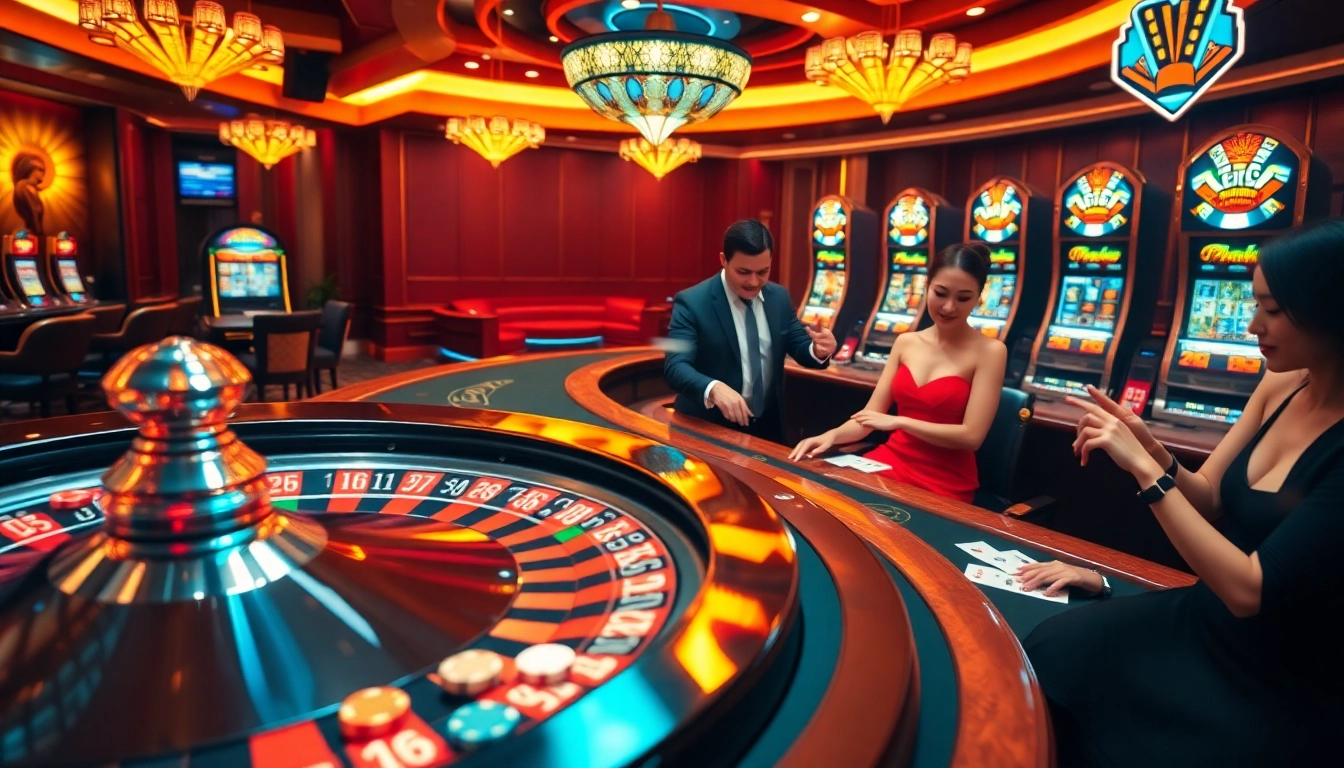 Experience the excitement of 23win casino with bettors enjoying a thrilling roulette game and poker action.