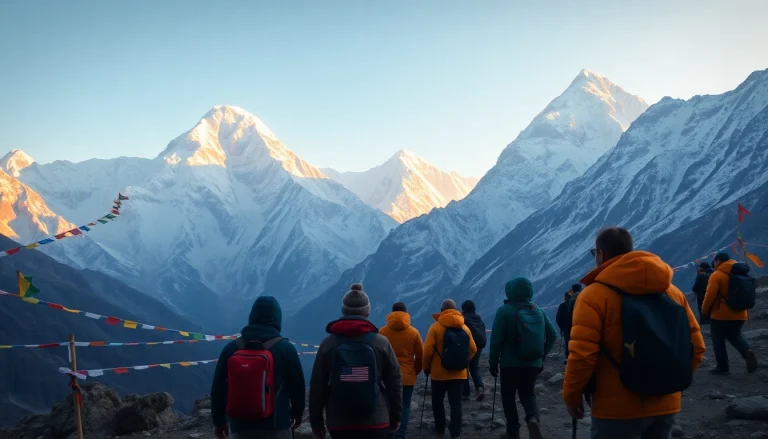 Mount Everest Base Camp trek at sunrise, showcasing trekkers and breathtaking peaks.