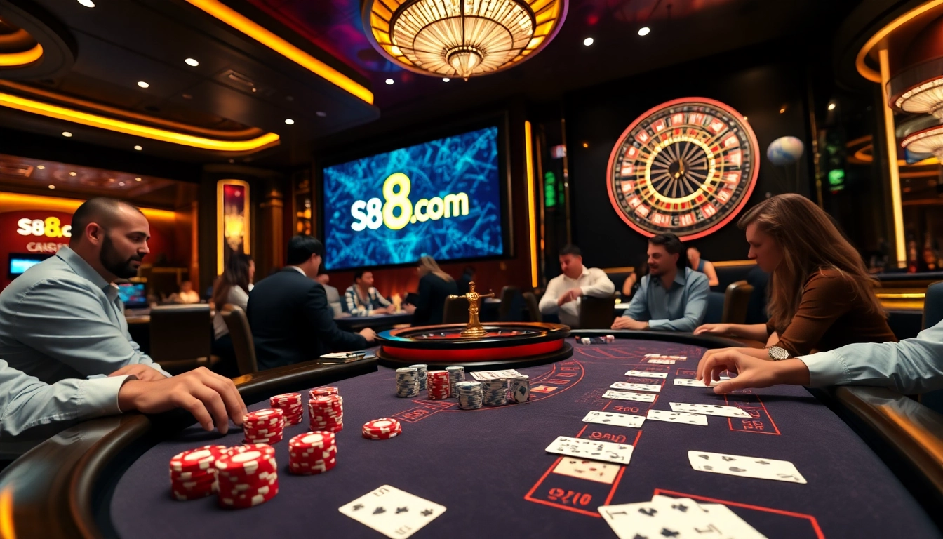 S8.COM features an exciting casino scene with poker chips, cards, and a roulette wheel, showcasing vibrant gameplay.