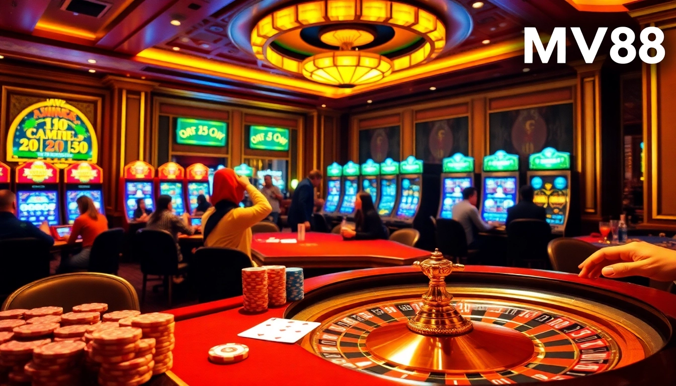 Gamblers enjoying the thrill of the MV88 casino experience with vibrant tables and lively interactions.
