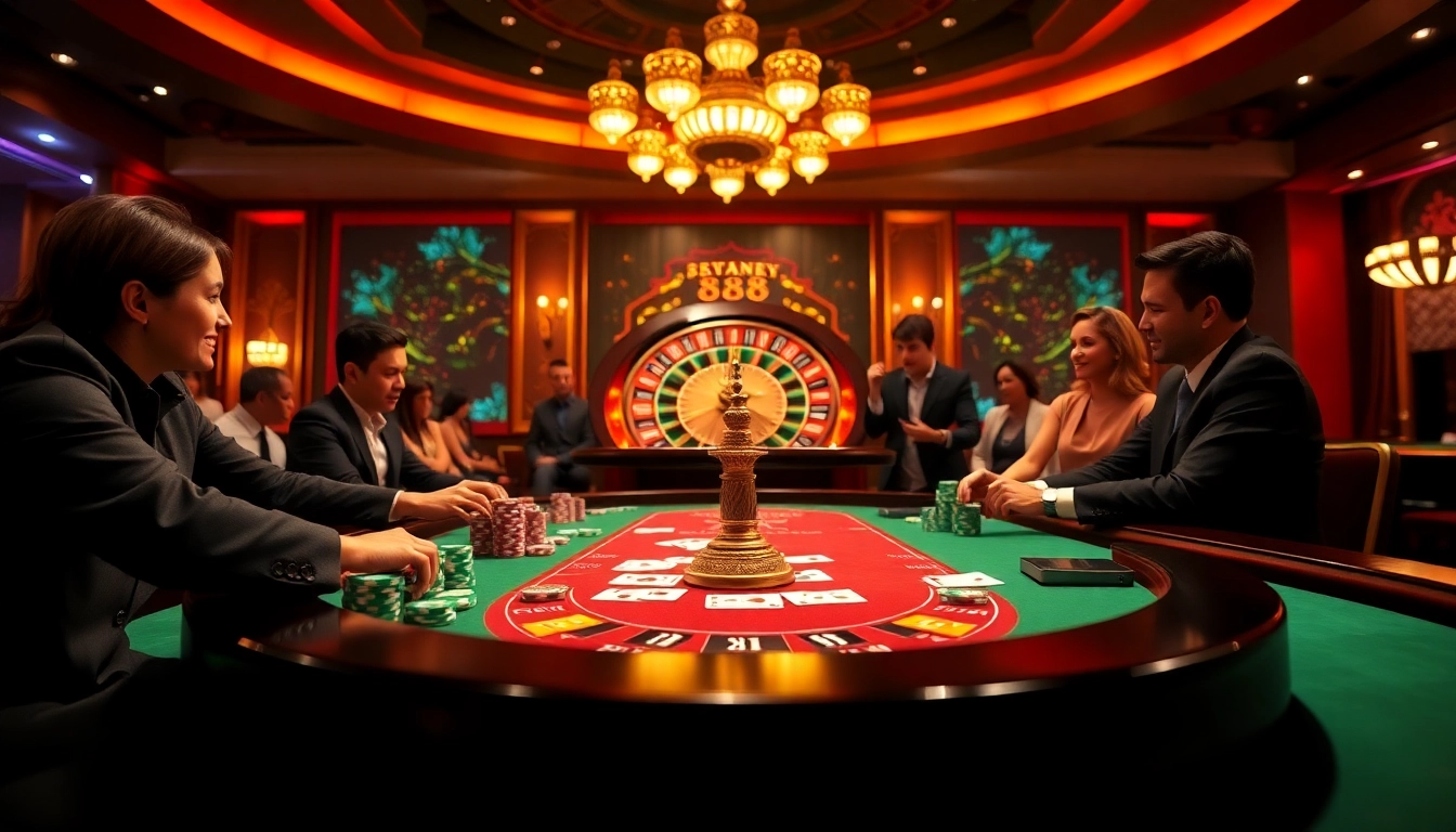 Engaging scene of active players at nhà cái 888new online casino tables, showcasing poker chips and vibrant roulette.