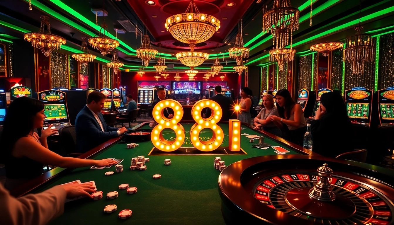 Excited players engaging with casino games displaying the 88i logo on a luxurious gambling table.