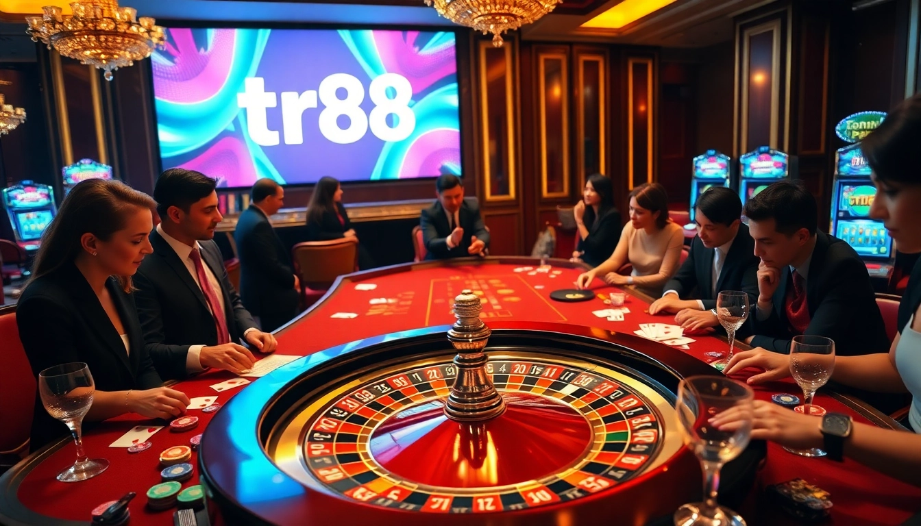 Gamblers engage at a luxurious casino table, highlighting the excitement of tr88 gaming experiences.