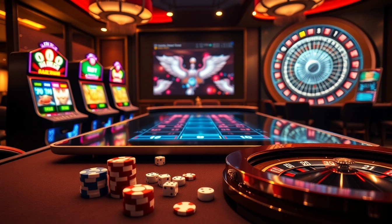 Exciting online gambling experience at nhà cái mb66 featuring vibrant slot machines and poker elements.