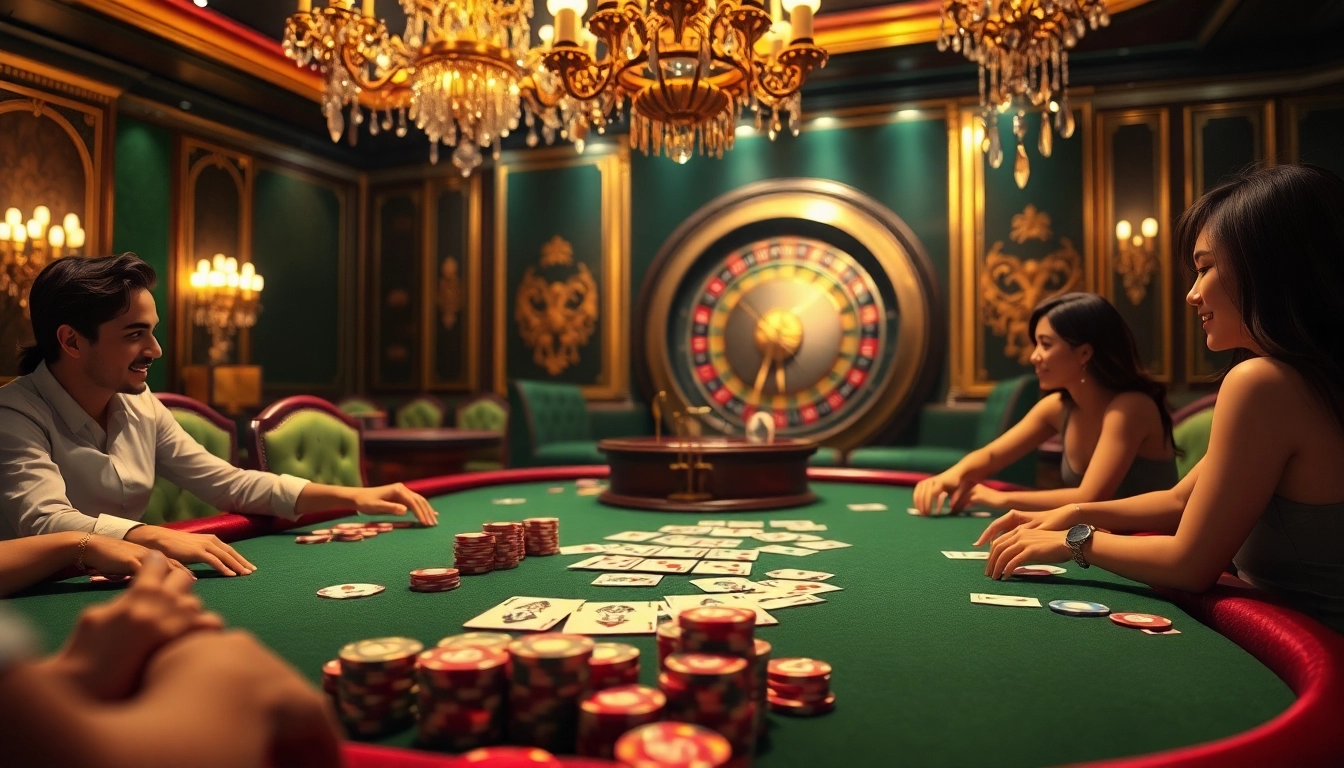 Exciting players engage in the 88i game at a luxurious high-stakes poker table in an online casino.