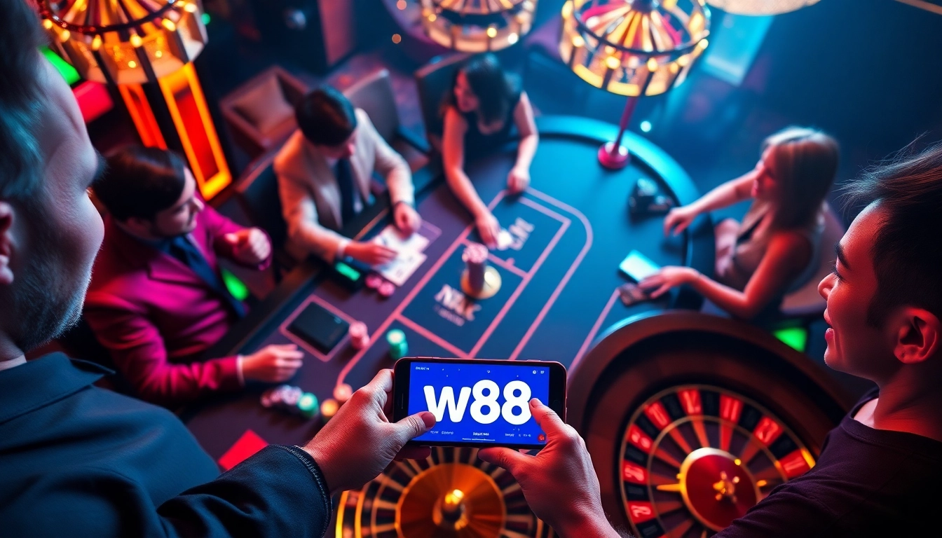 Players engaging in poker at a w88-branded casino table with vibrant chips and cards.