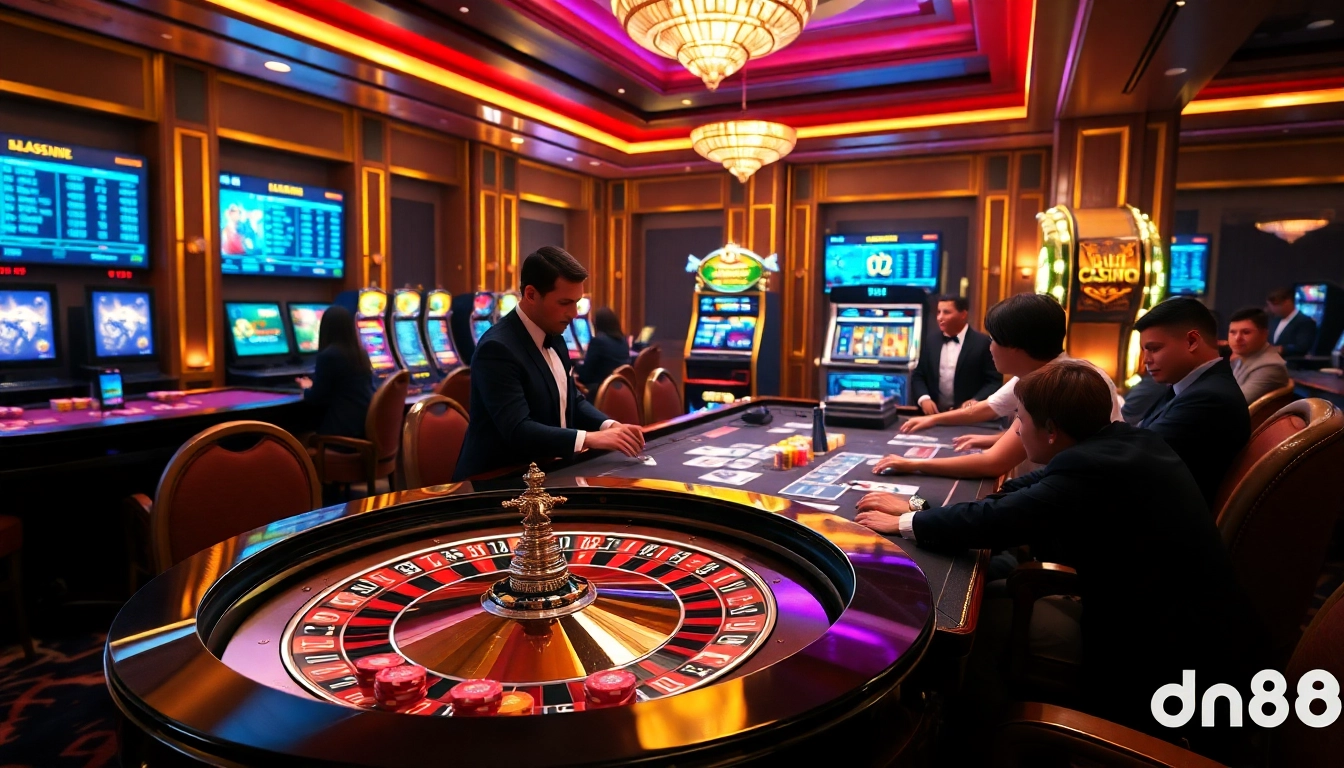 High-stakes gaming at dn88 casino with a roulette table, poker cards, and colorful chips.