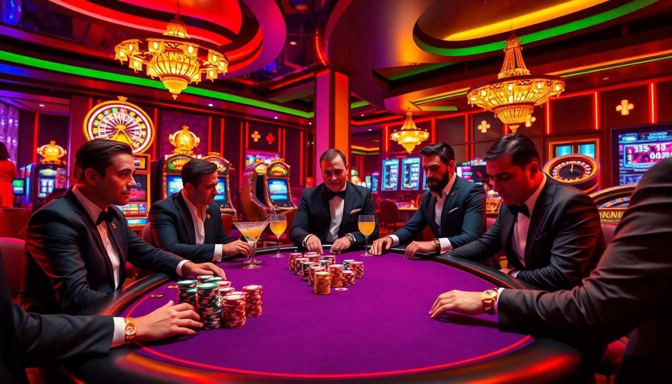 Players engaging in high-stakes poker at a luxurious casino featuring g88-themed decor and vibrant ambiance.