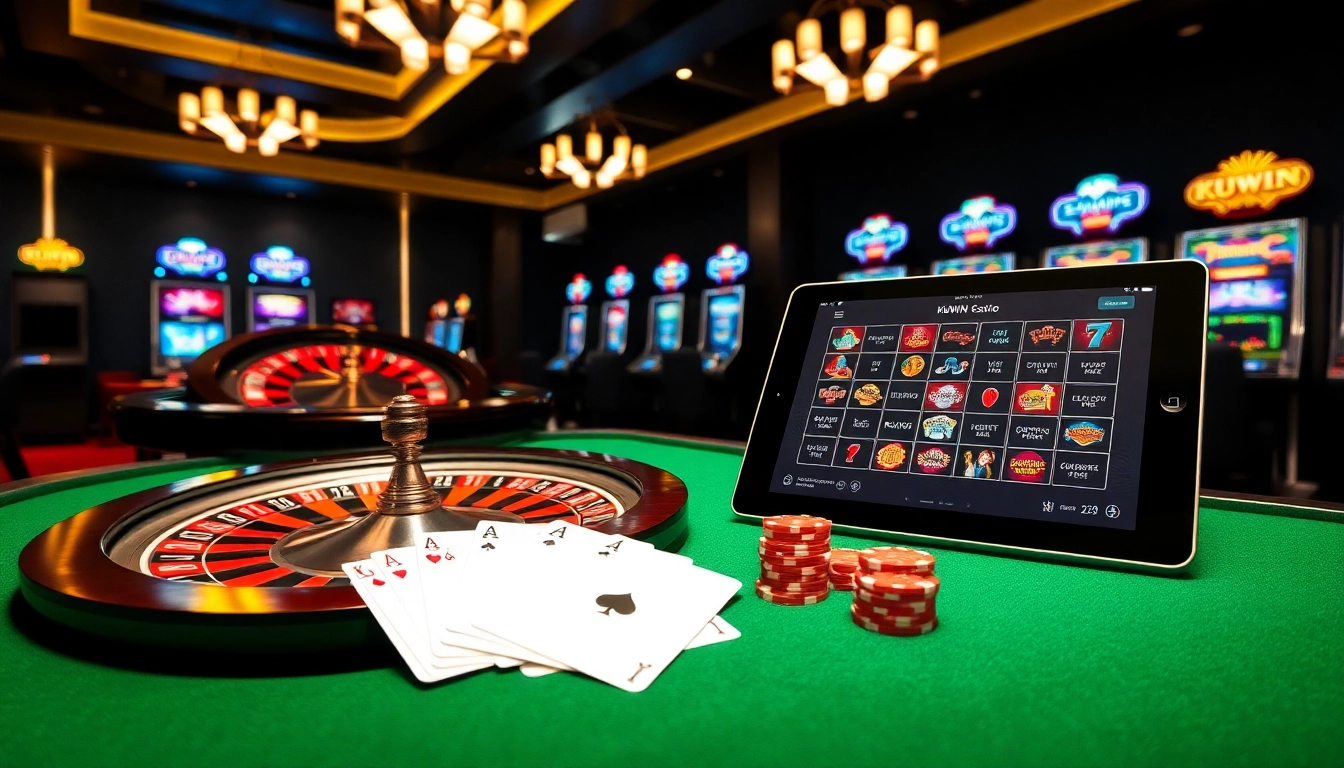 Kuwin casino gaming scene with roulette, cards, and online gambling interface in a luxurious setting.