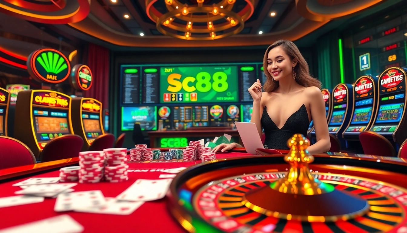 The excitement of sc88 comes alive at a luxury casino table, celebrating big wins with vibrant slot machines.