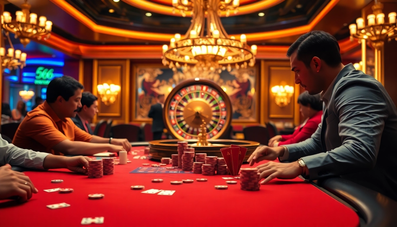 SODO66 players strategizing at a poker table, with vibrant casino ambiance and roulette wheel.