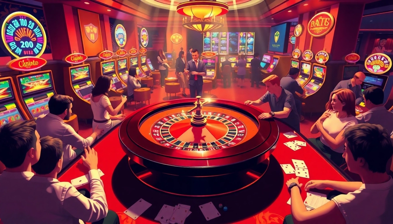 Players enjoying a luxurious gaming experience at https://j88com.today/ with vibrant slot machines and roulette action.