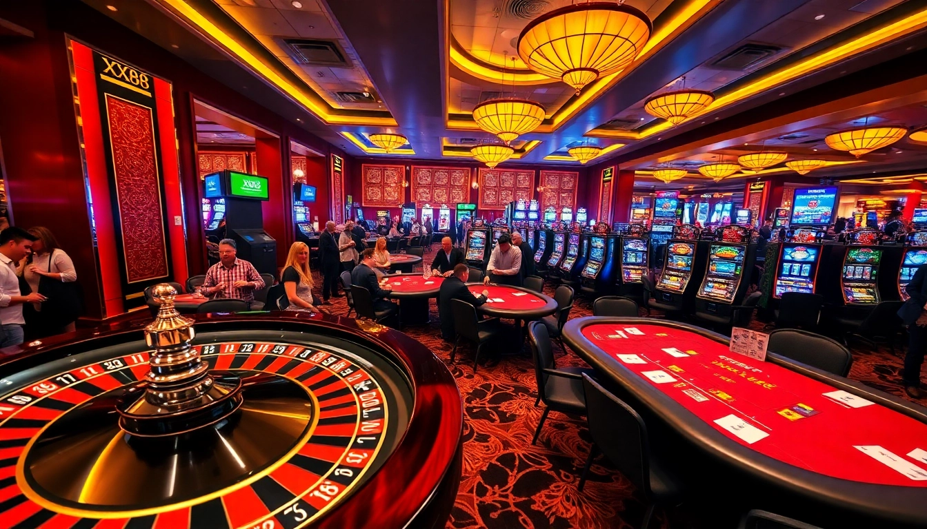 Players enjoying a thrilling gaming experience at XX88 casino with vibrant slot machines and poker tables.