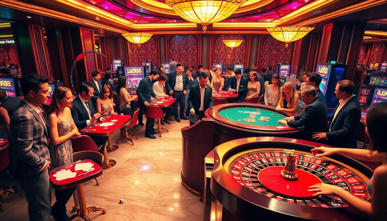 Players engaging with the LUCK88 slot machine, surrounded by vibrant casino elements and atmosphere.