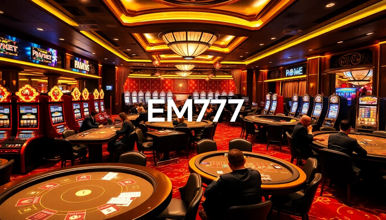 Engaging players at EM777 casino tables, vibrant slot machines, and bright poker chips.