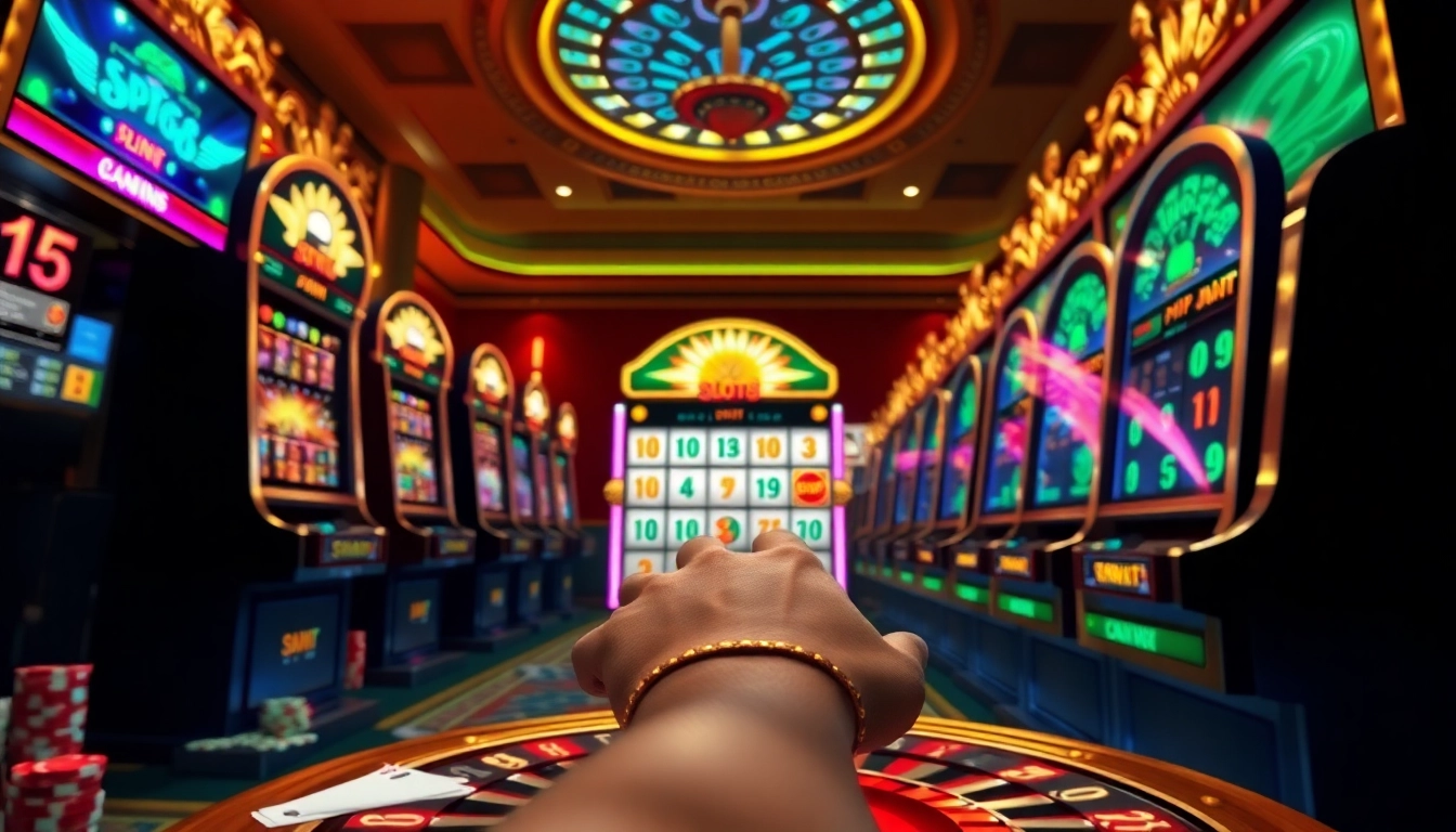 SLOTS8 slot machines glowing in a luxurious casino environment with poker chips and cards.