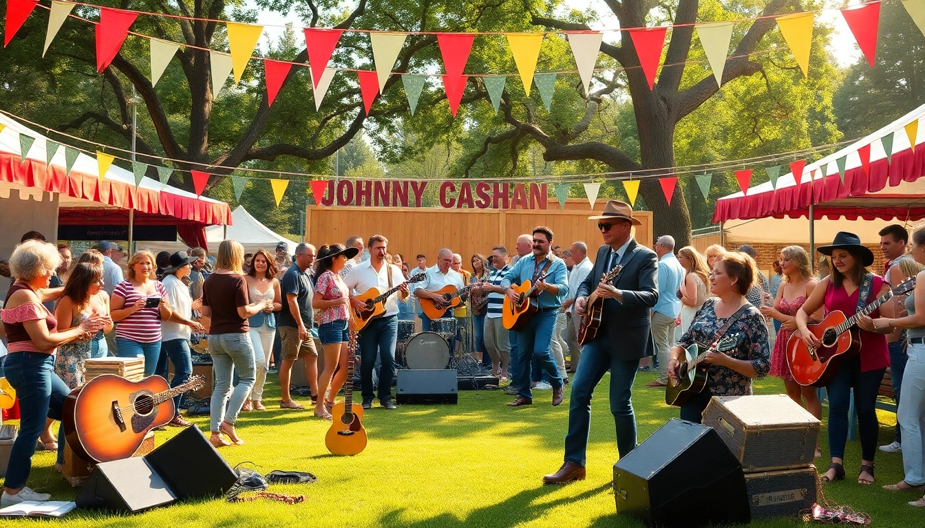 Celebration of Johnny Cash at johnnycashbirthday.com with vibrant festival atmosphere and live music.