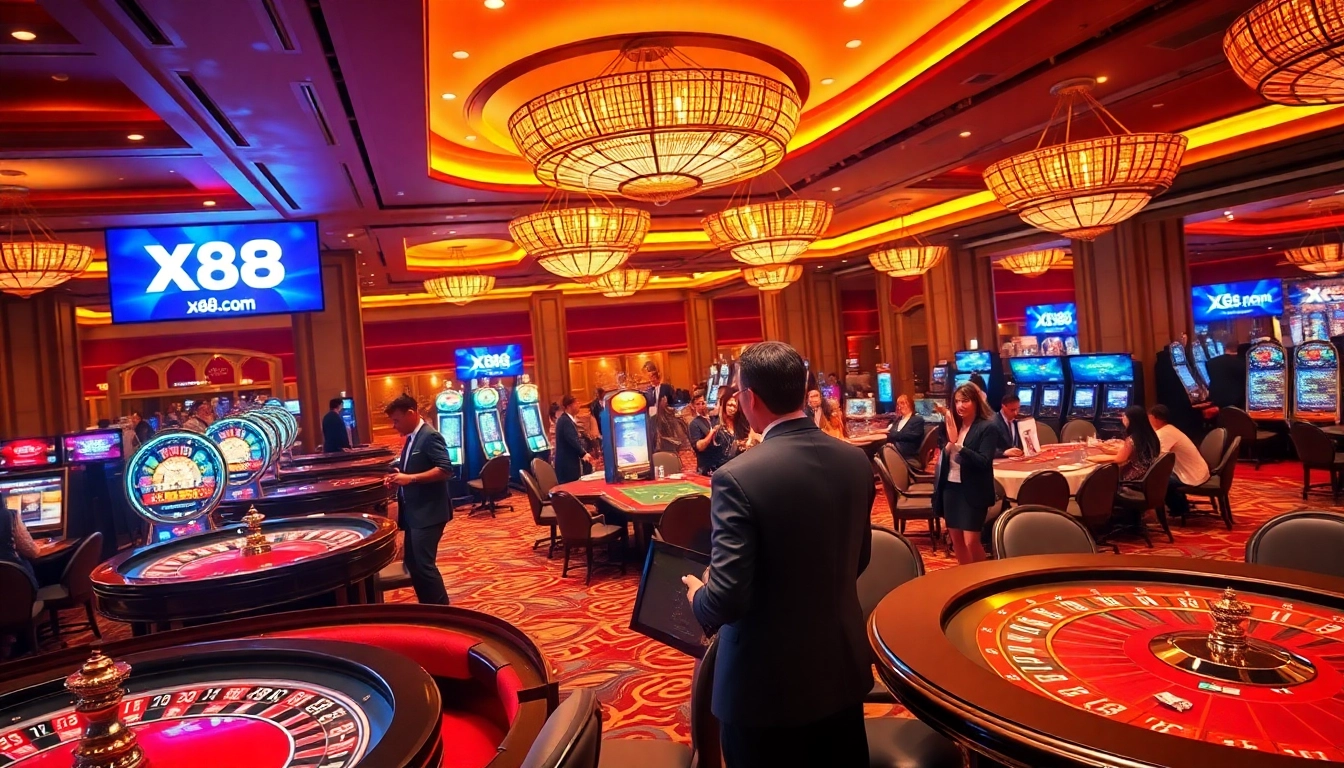 X88.com gaming tables create a thrilling casino experience with vibrant players and dealers.