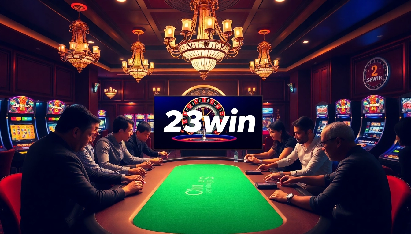 Players engaging with 23win at a vibrant casino table, surrounded by excitement and luxury.