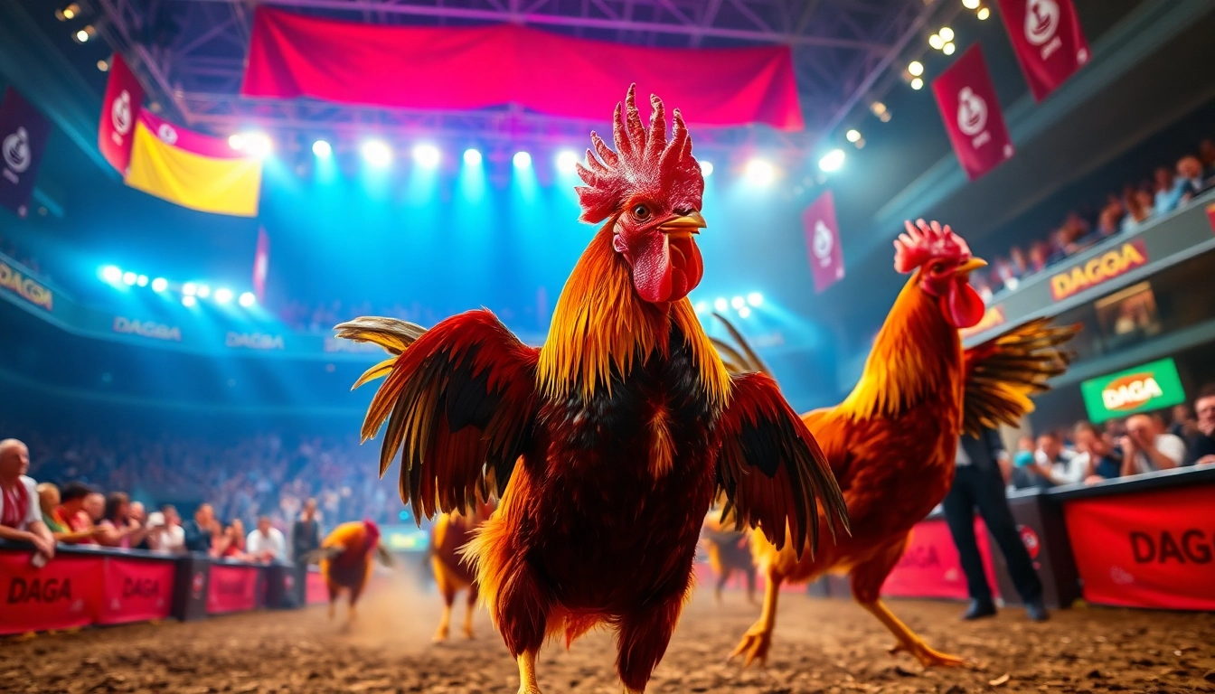 An exciting scene from dagawin.live showcasing a live cockfighting match with dynamic action and cheering crowd.