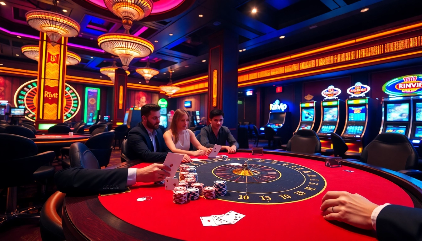 Experience high-stakes poker action at Rikvip's vibrant casino, filled with colorful chips and illuminated gaming.