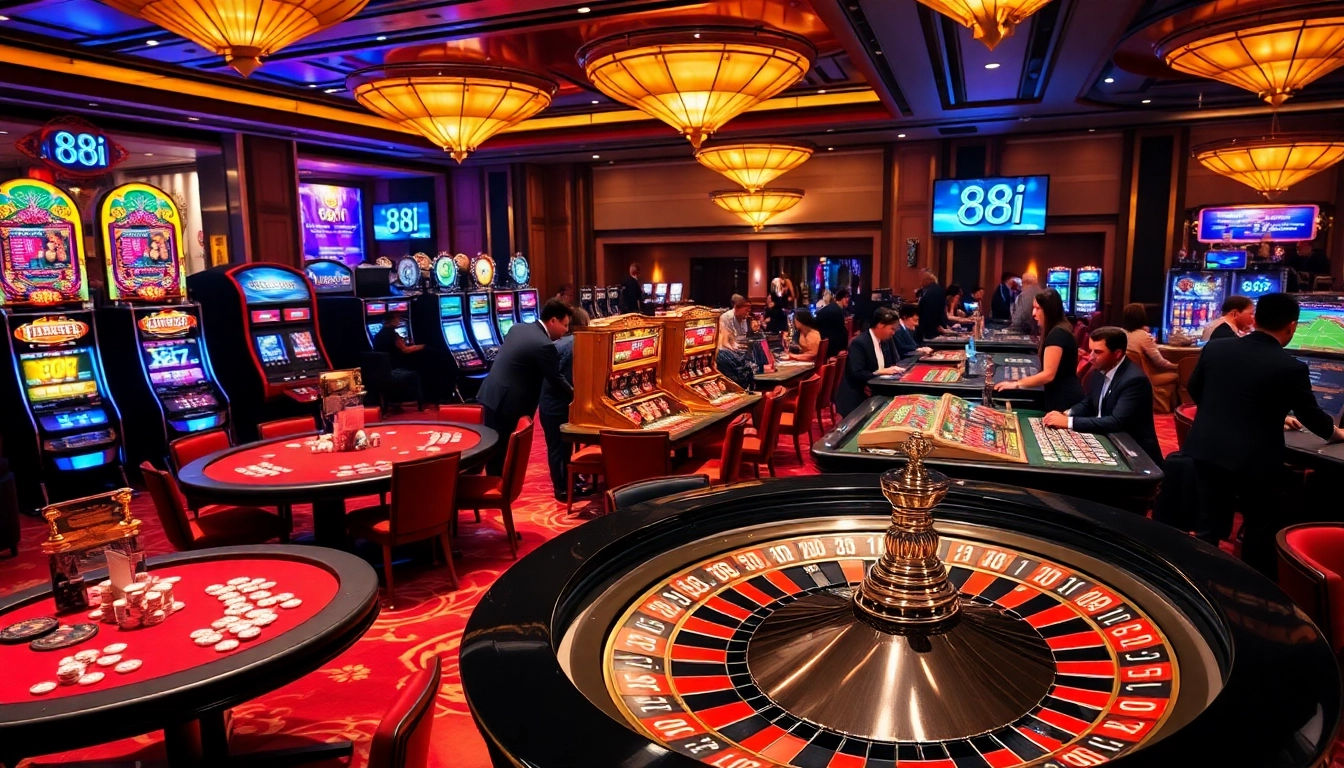 Exciting gambling scene featuring 88i gaming tables and vibrant slot machines