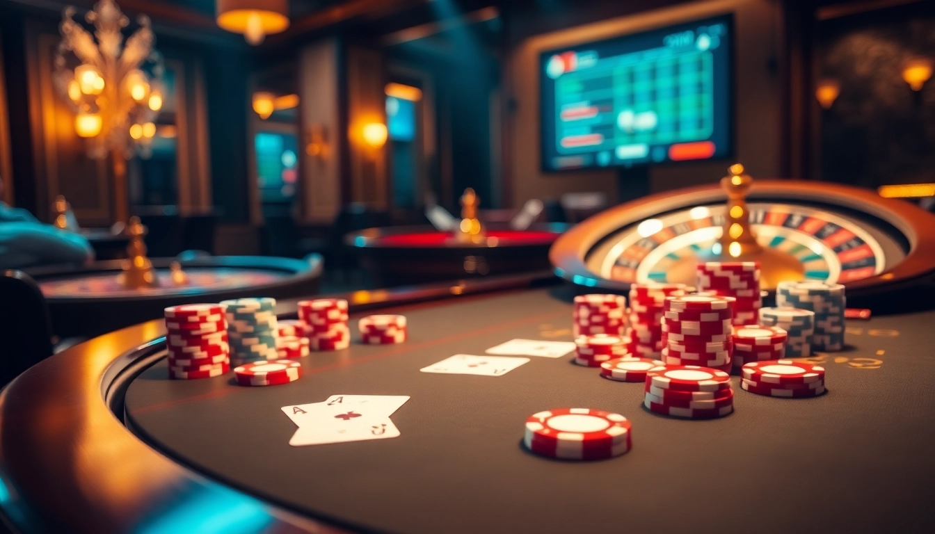 Engage with the thrilling atmosphere of a high-stakes poker game at https://98win3h.blog featuring vibrant poker chips.