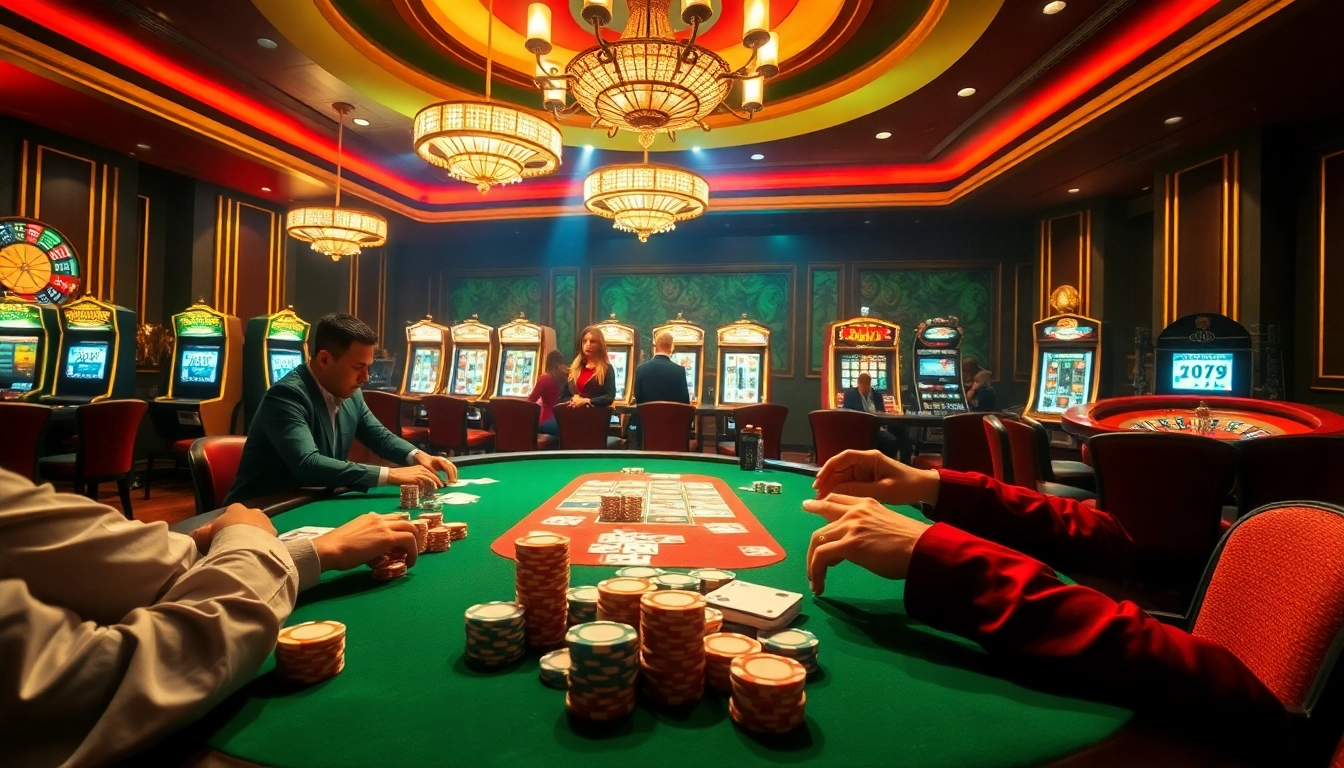 KJC casino scene showcasing poker players and vibrant slot machines in a luxurious atmosphere