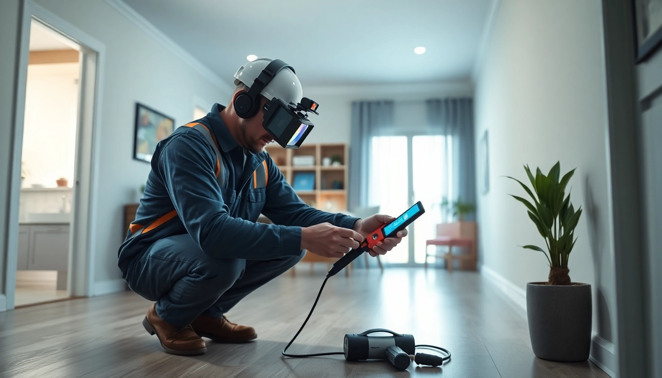 Leak detection technician using advanced tools to identify leaks in a residential setting.