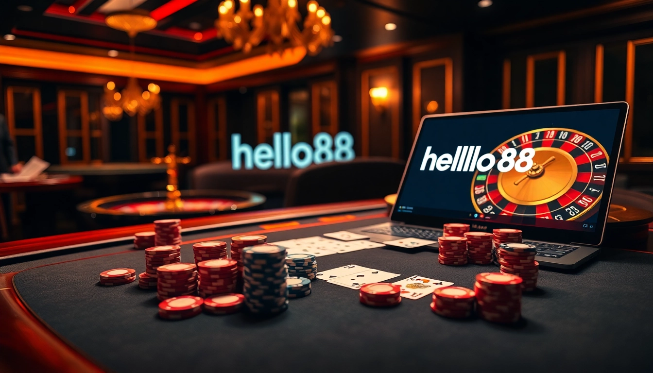 Experience high-stakes gaming at hello88 with a glamorous poker table and vibrant casino atmosphere.