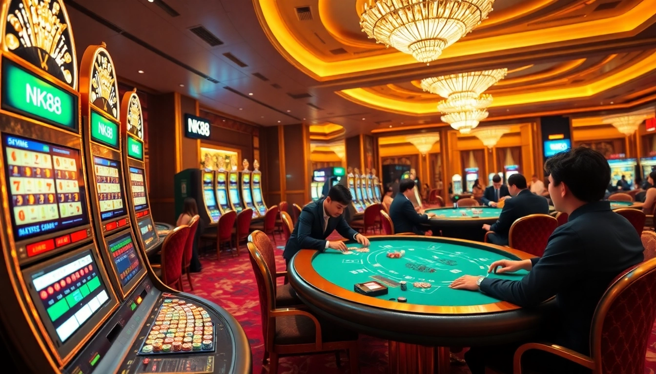Players enjoy dynamic games at NK88 casino, with vibrant slot machines and poker tables.
