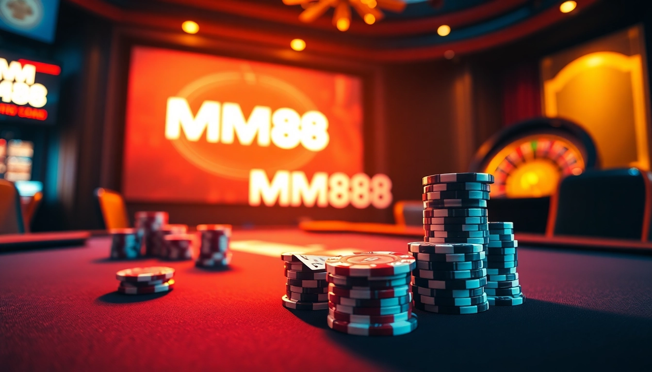Experience the thrill of MM88 with a vibrant casino scene featuring poker chips and cards.