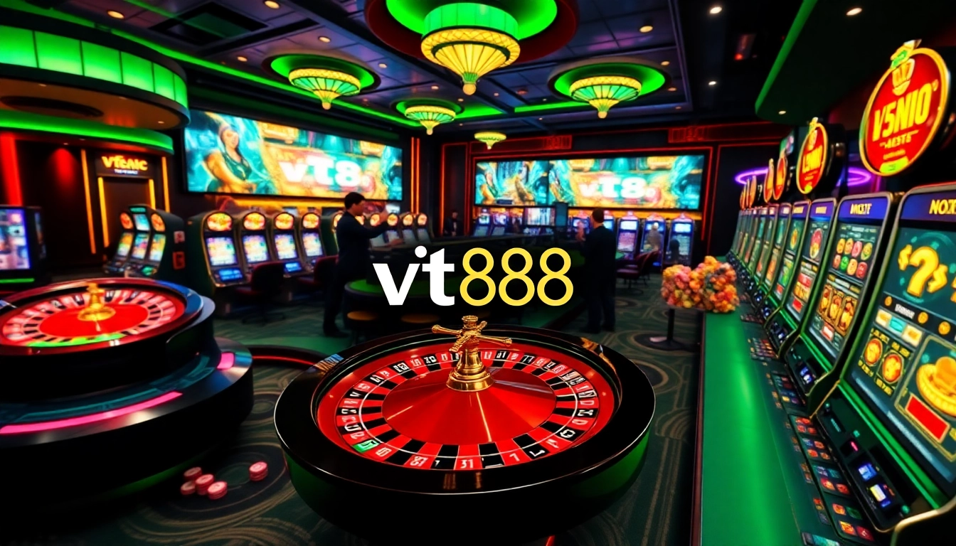 Experience excitement at vt88 with a vibrant casino scene showcasing roulette and poker games.