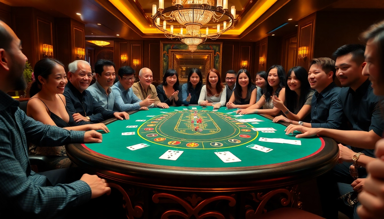Players engaging in xóc đĩa online at an elegant casino table surrounded by excitement.