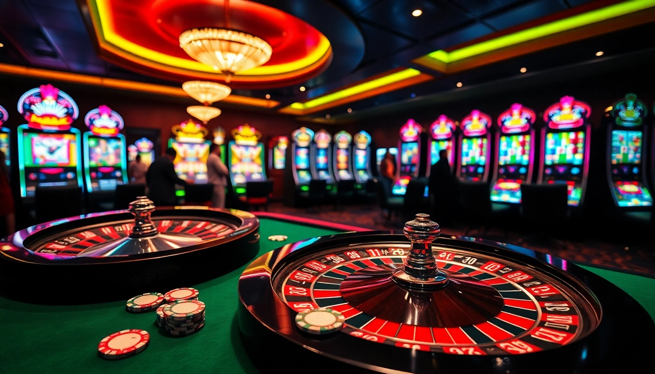 Engaging casino scene with roulette and poker table highlighting https://u888hv.com/ betting excitement.