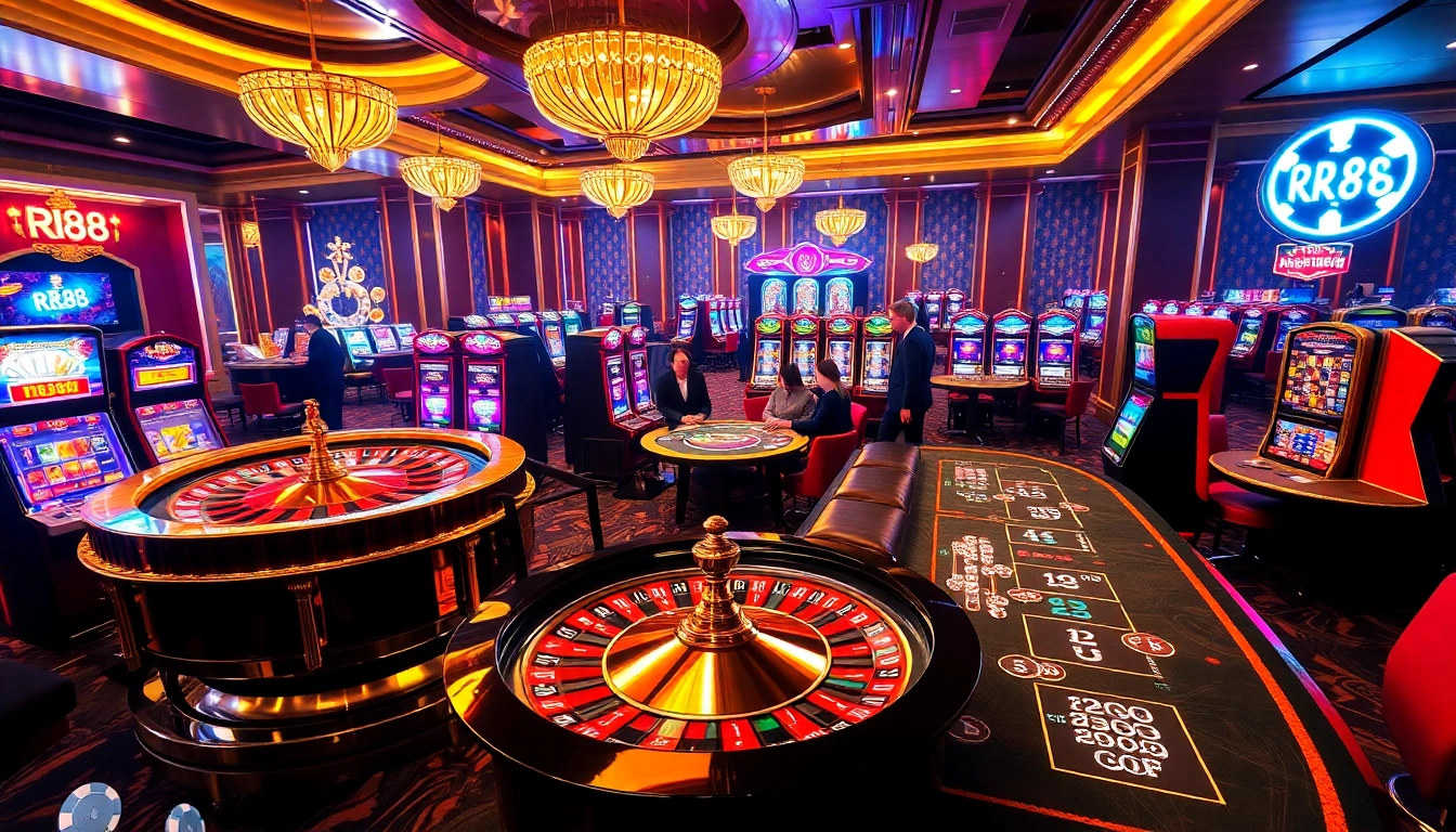 Players enjoying the thrill of RR88 casino games at a vibrant, luxurious gambling atmosphere.