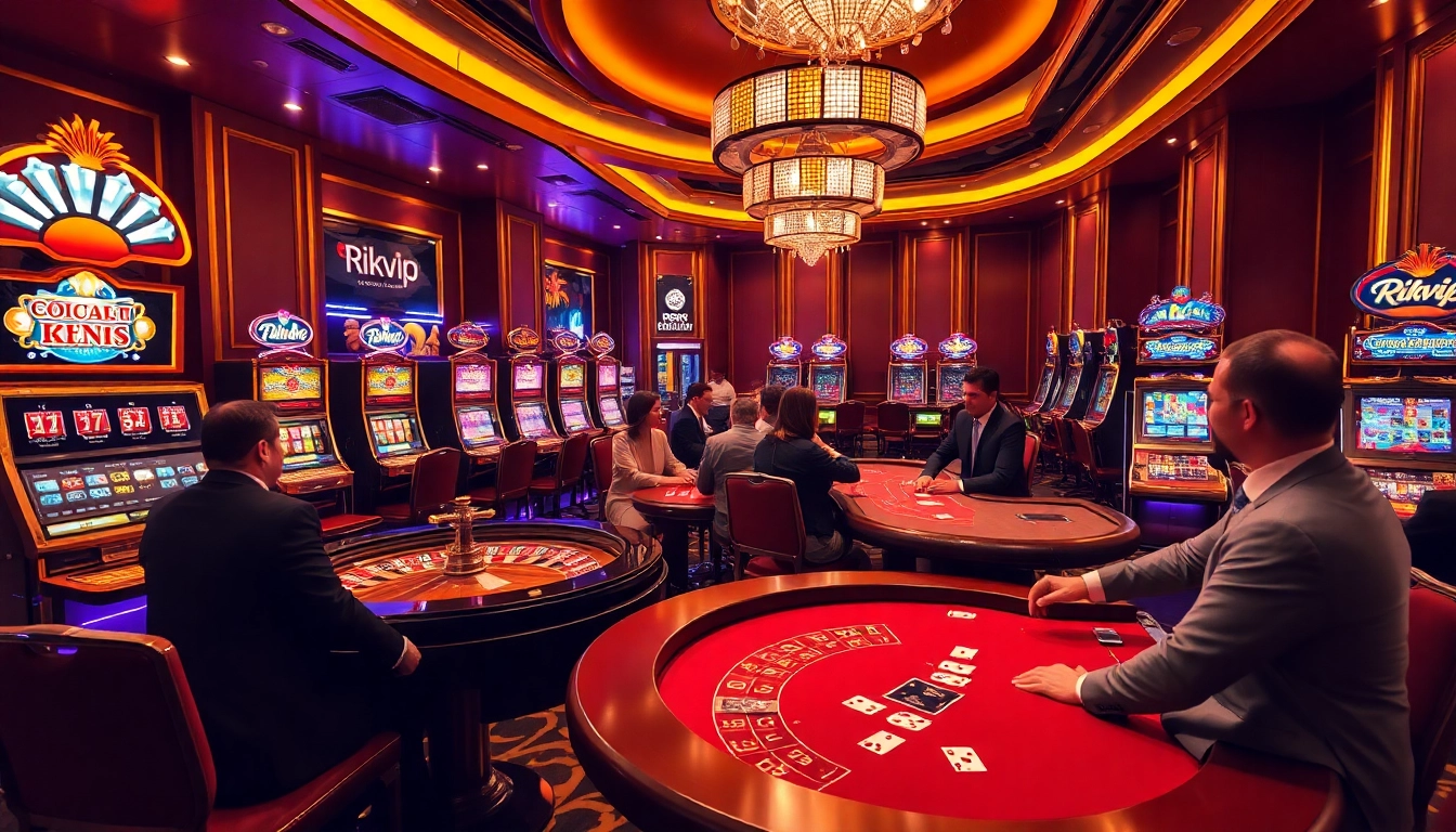Casino players enjoying high-stakes games at Rikvip, capturing excitement and luxury in the atmosphere.