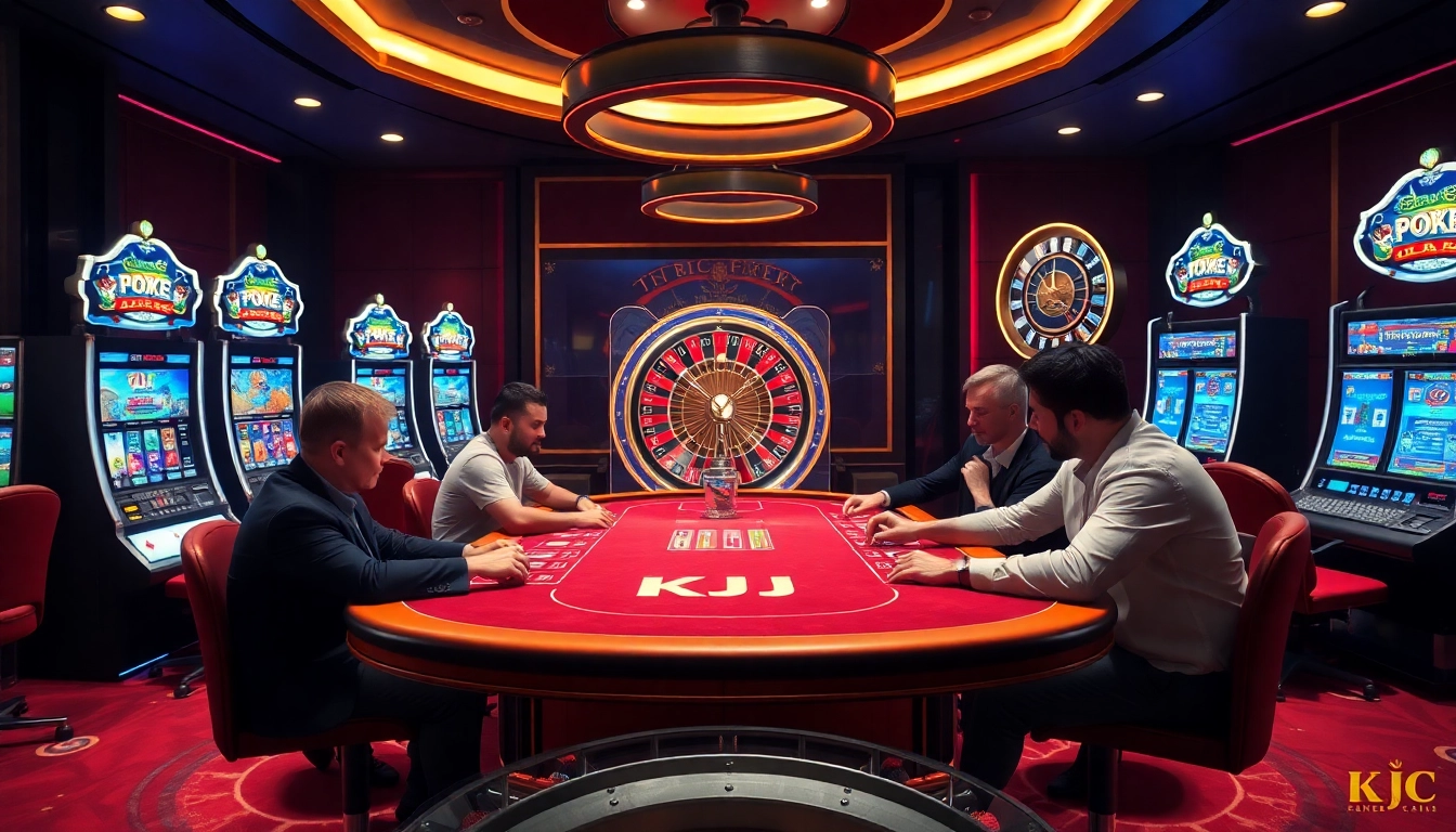 KJC branded poker table with players experiencing thrilling excitement in an upscale casino environment.