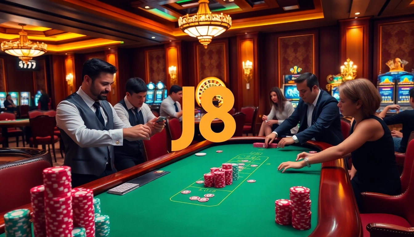 Exciting J8 casino experience with vibrant tables, poker chips, and a dealer in action.