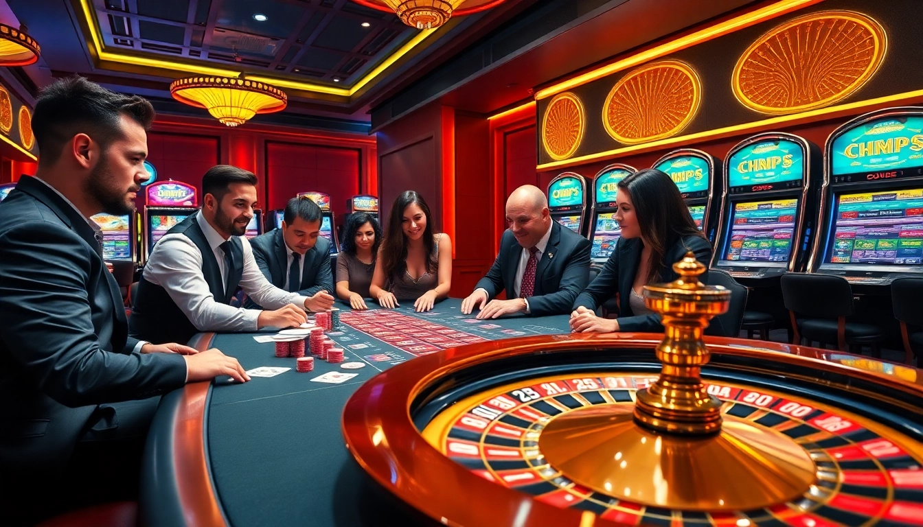 A group of gamblers enjoying a thrilling experience at https://five88.foo/ with poker chips and a roulette wheel.