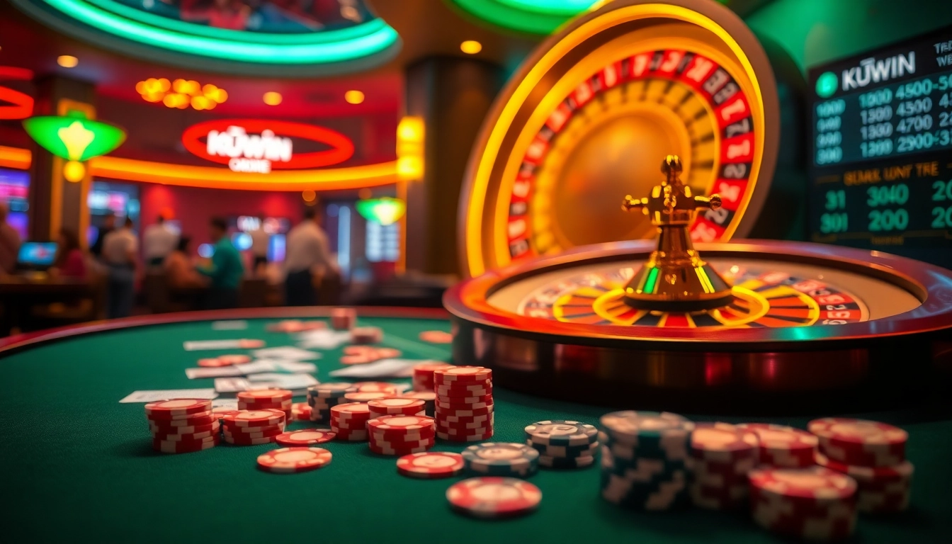 KUWIN casino scene showcasing vibrant poker gameplay with chips, cards, and roulette wheel.